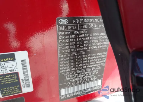 2016 Land Rover Range Rover 3.0L V6 Supercharged Hse z USA, uszkodzony, nr VIN SALGS2PF3GA314284